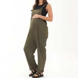 Ripe Cargo pockets linen Olive Green Maternity Jumpsuit with Adjustable Straps S